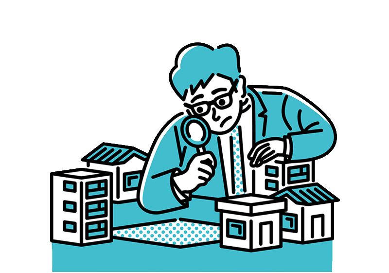住宅模型をルーペで調べるスーツ姿の男性のイラスト。土地選びの慎重な検討を表現。